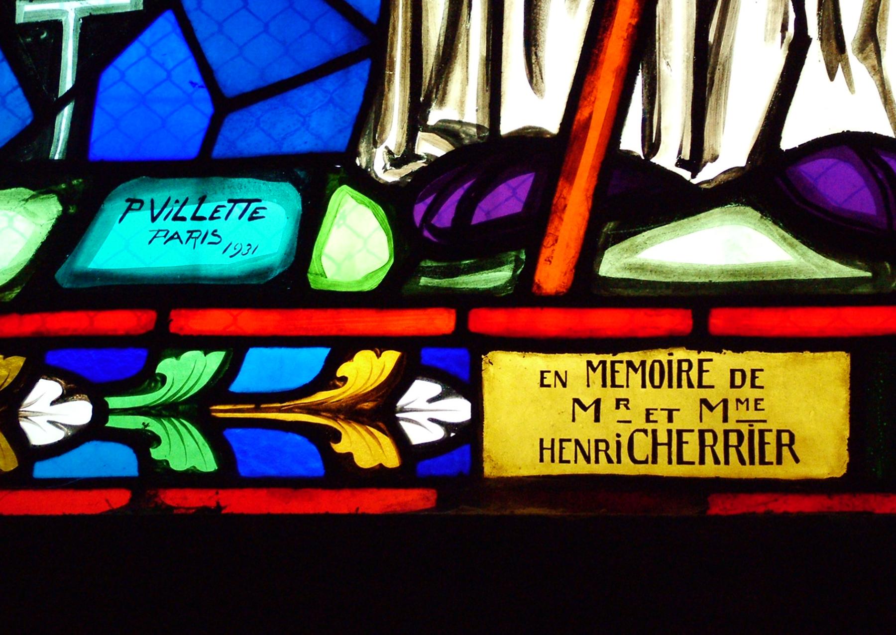 Ensemble des trois verrières du chœur (une verrière figurée et deux verrières figurées décoratives) : saint Médard, scènes de la vie de saint Médard