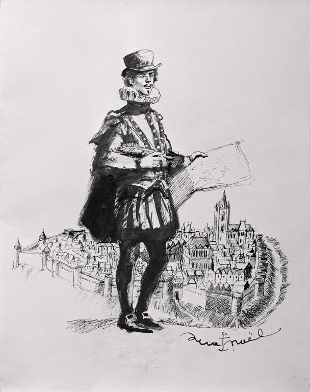 Dessin : Portrait en pied de Marc Lescarbot, avec la ville de Vervins à l'arrière-plan