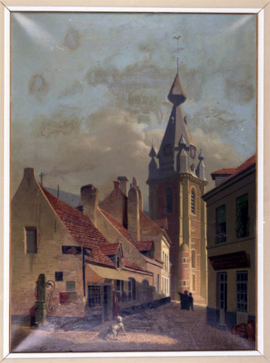 Tableau : La Rue Clairon et le clocher de l'église