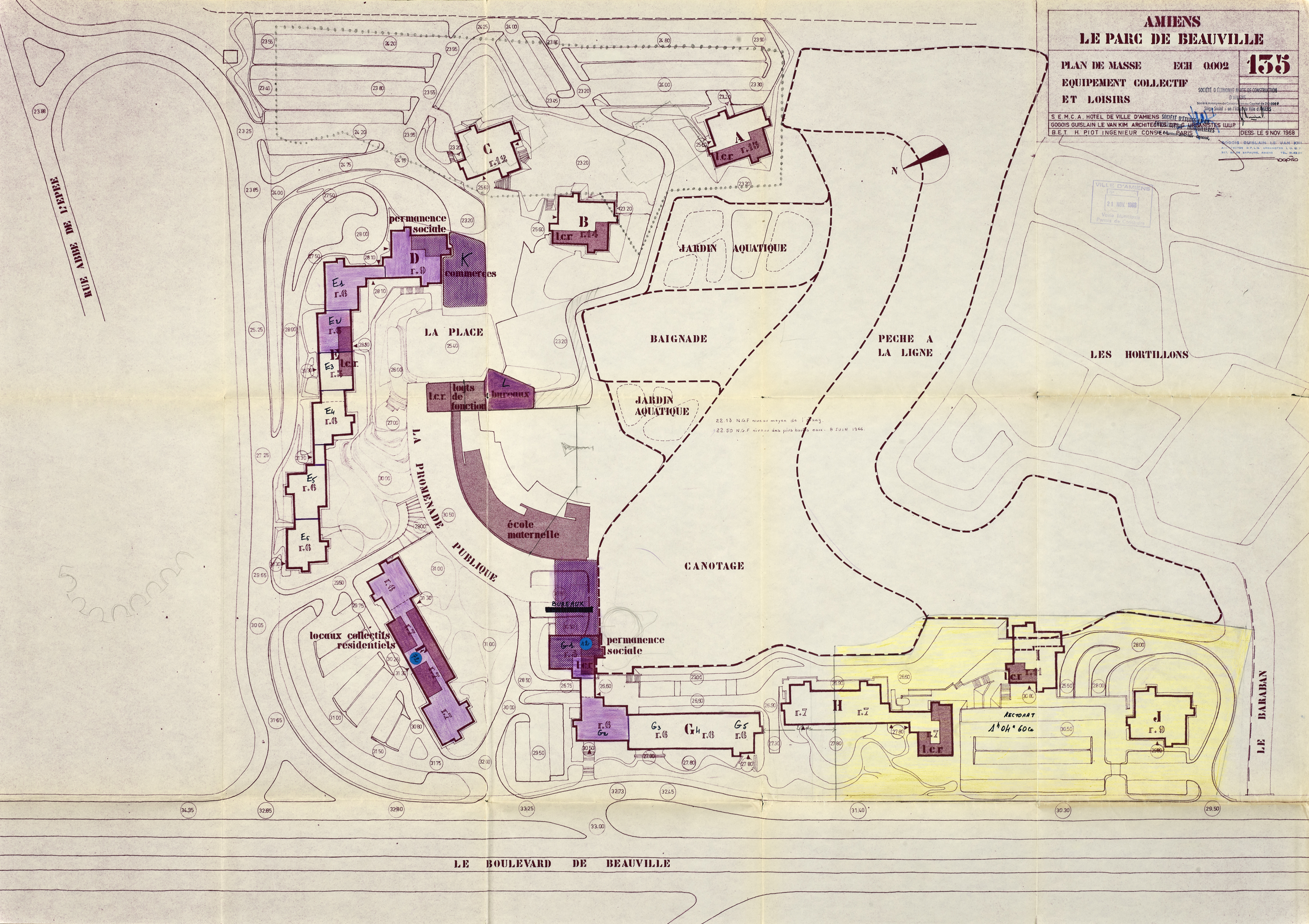 Plan de masse : équipement collectif et loisirs, encre sur papier, GGK, 9 novembre 1968 (AM Amiens ; 3 O 4/1159). 