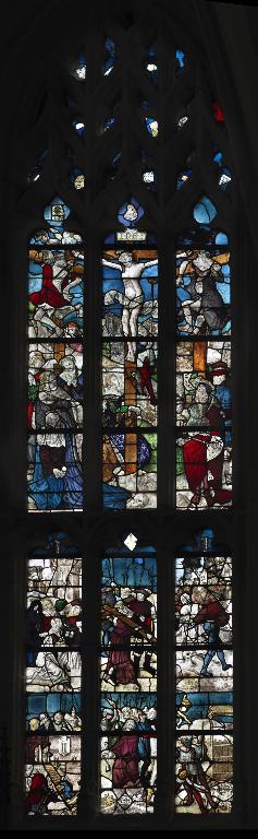 Ensemble des sept verrières du chœur (baies 0 à 6) : Scènes de la vie du Christ ; Jugement dernier ; Sibylles